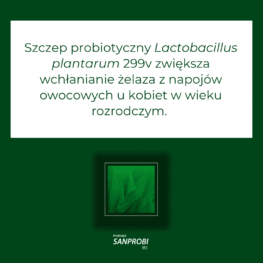 Szczep probiotyczny Lactobacillus plantarum 299v zwiększa wchłanianie żelaza z napojów owocowych u kobiet w wieku rozrodczym.